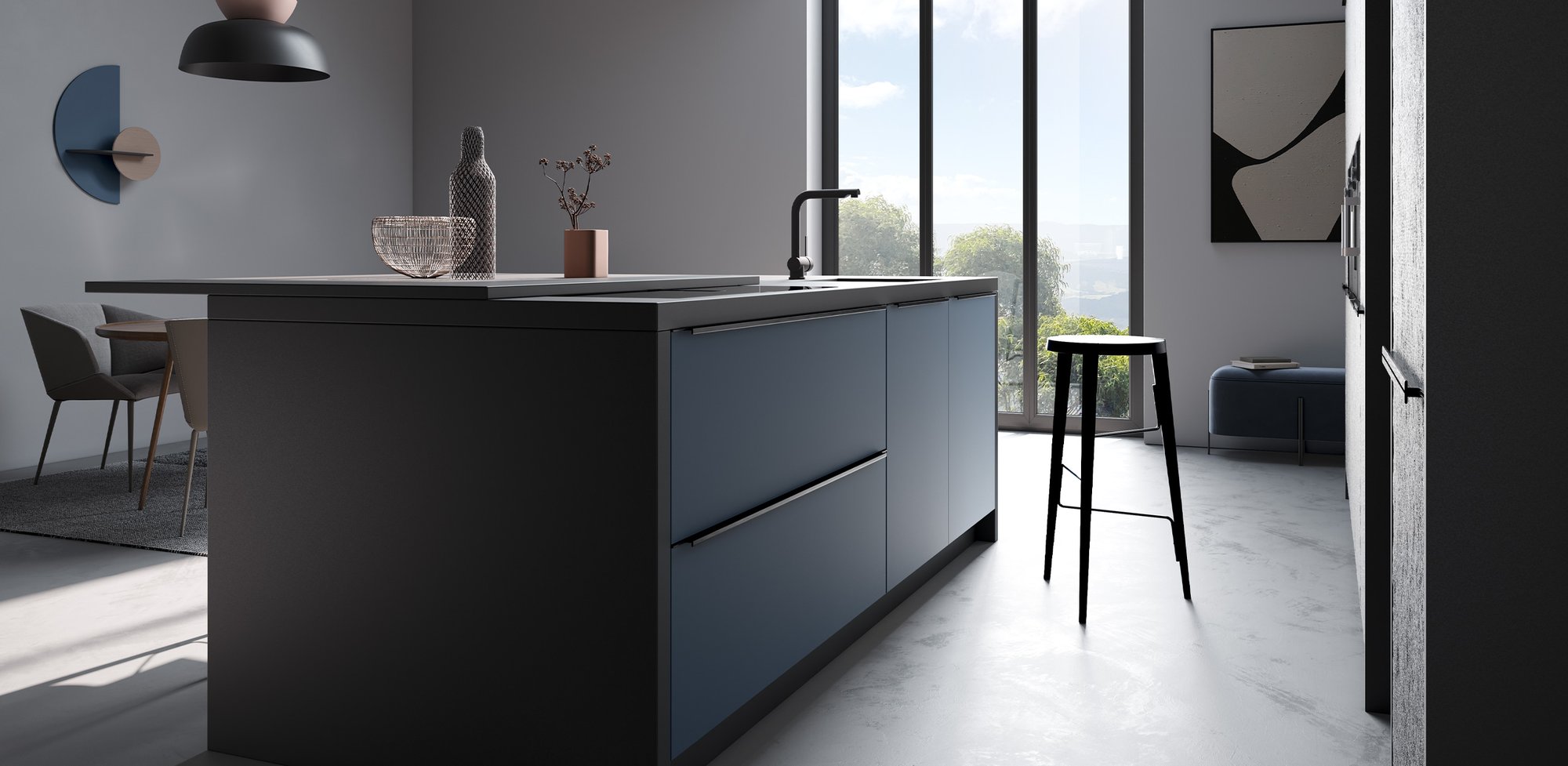 Designküche mit Insel Schwarz und Blau von Häcker